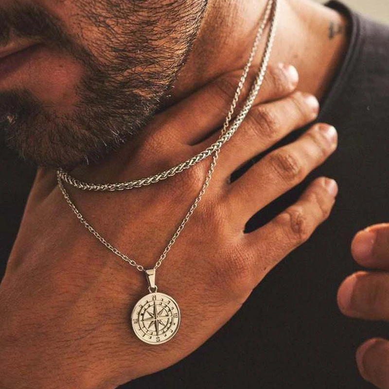 Men's Layered Alloy Necklace Navigation Travel Compass Pendant