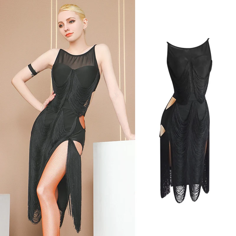 

Latin Dance Fringed Dress Summer Sexy Hollow Out ChaCha Competition Costume Female Rumba Samba Dancing Performance Dress VDB5549