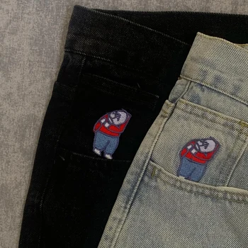 Y2K Embroidery Baggy Boy Jeans Women Streetwear Gothic Cartoon Blue Straight Jeans Retro Punk Rock High Waist Denim Trousers 1