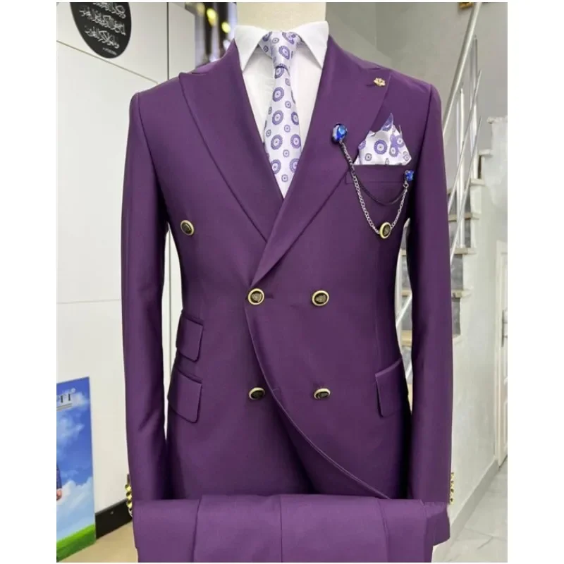 Double Breasted Formal Men Suits Slim Fit 2 Pieces Groom Tuxedos for Wedding Peaked Lapel Custom Male Blazer Prom Daily Wear