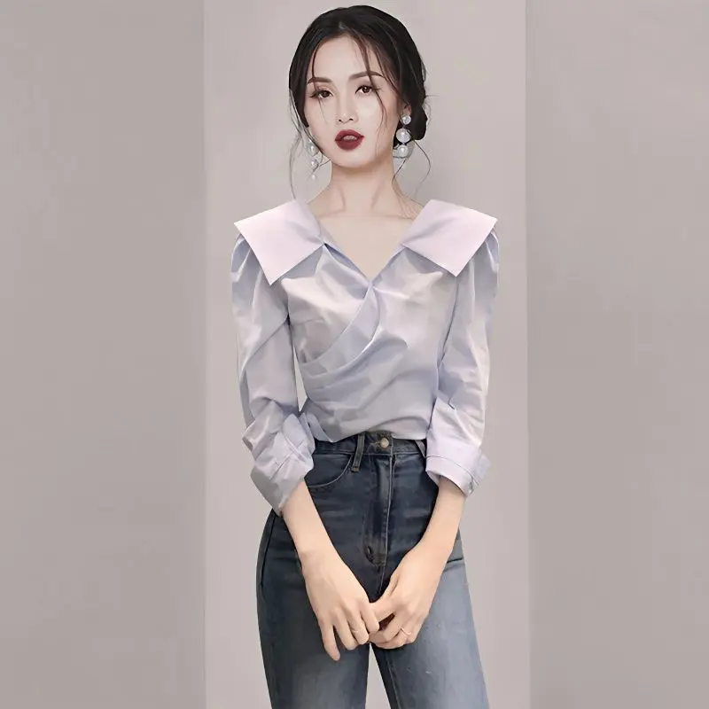 

Весенняя блузка, женская одежда, дизайнерская нишевая Высококачественная блузка, рубашка в стиле богини, Повседневная однотонная блузка с длинным рукавом в иностранном французском стиле, Топ
