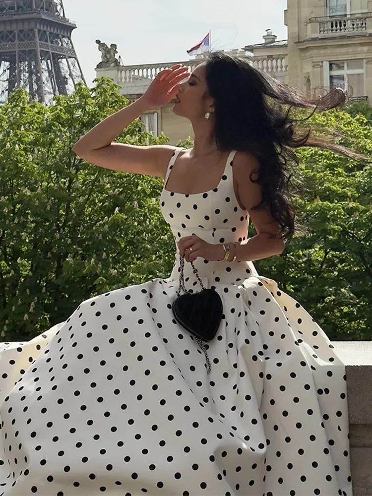 Polka Dot Pint Pleated Sling Long Dress Women Fashion