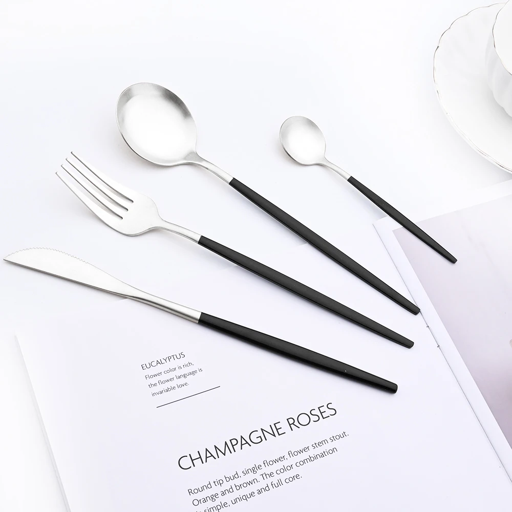 Drmfiy Dinnerware Knife Dessert Fork Coffee Spoons Tableware Cake Fork 1pcs Stainless Steel Cutlery Flatware Set Black Silver