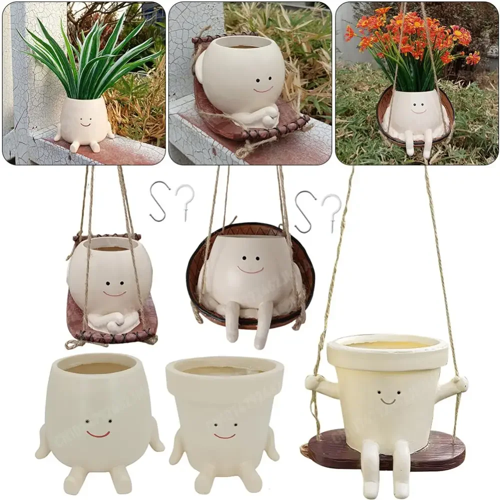 Hanging Hammock Planter Resin Swing Smile Face Planter Creative Cute Plant Succulent Pots for Indoor Outdoor Plant