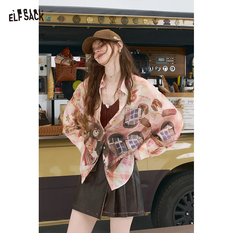 ELFSACK 2025 Autumn New Arrival Casual All-Over Print Long Sleeve Shirt Designer Loose Top For Woman