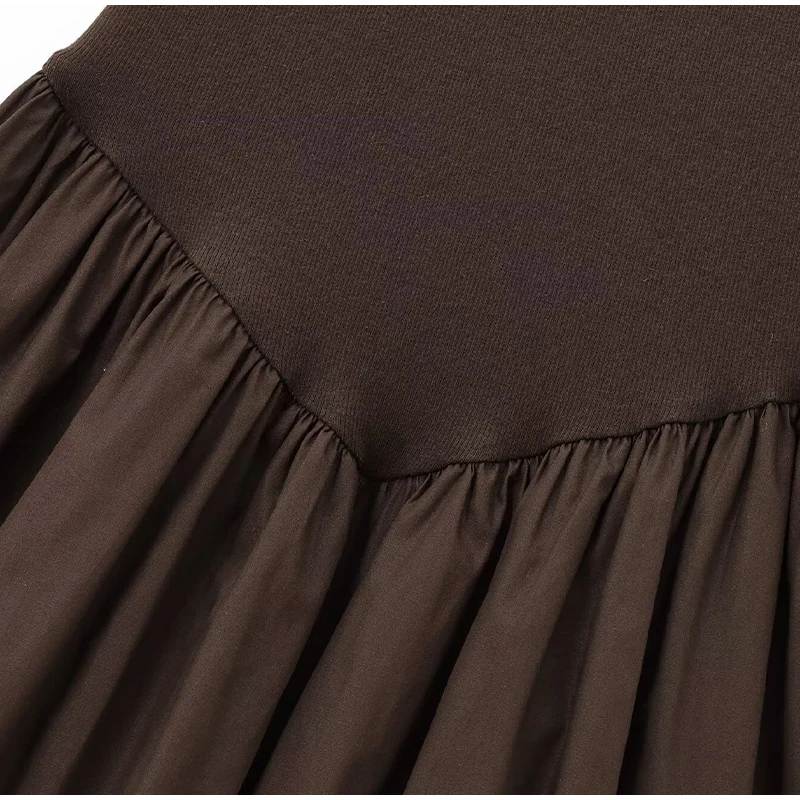Elegant Pleated Mini Dress Women Brown O-Neck Sleeveless A Line High Waist Party Dresses Fashion Casual New Zipper Robes