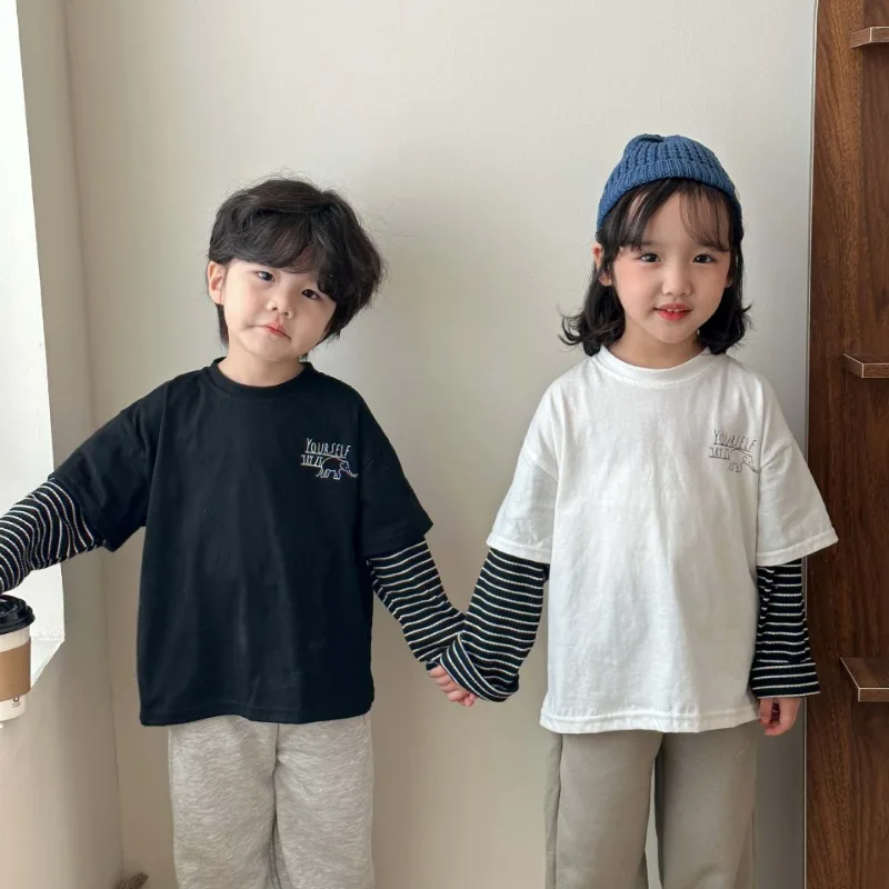 

Детские хлопковые футболки с мультяшными буквами, Свободные Лоскутные Топы с длинным рукавом и круглым вырезом для мальчиков и девочек, весна 2024