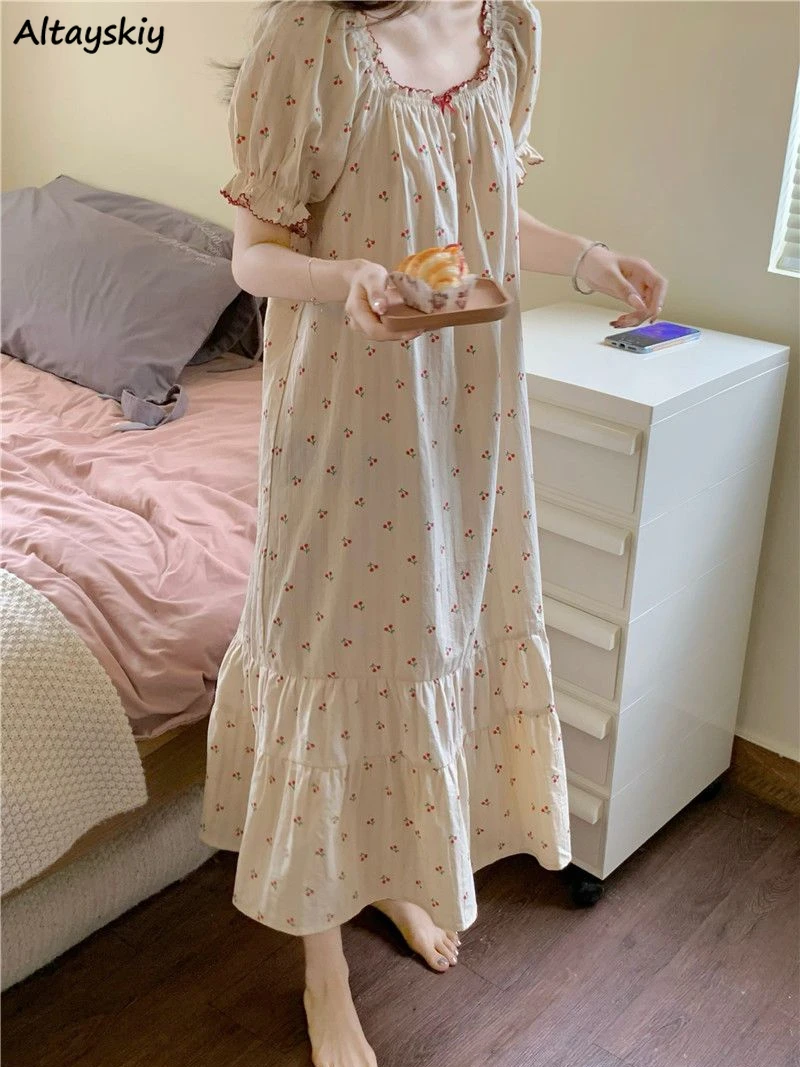 

Nightgowns Women Summer Sweet Thin Leisure Chic New Students Ruffles Gentle Printed Prairie Young Simple Vintage Sleepwear