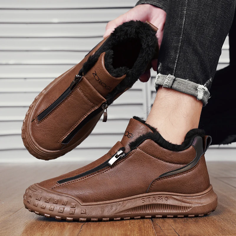Mens Walking Shoes Winter Warm Cotton Leather Waterproof Flat Non-slip Zipper Snow Boots High-top Trendy Sneakers Man 6