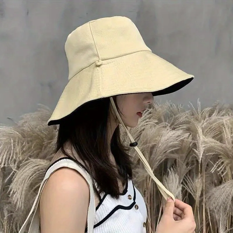 Double Sided Solid Color Flat Top Leisure Large Eave Fisherman Hat Lightweight Shading Foldable Detachable Windproof Rope