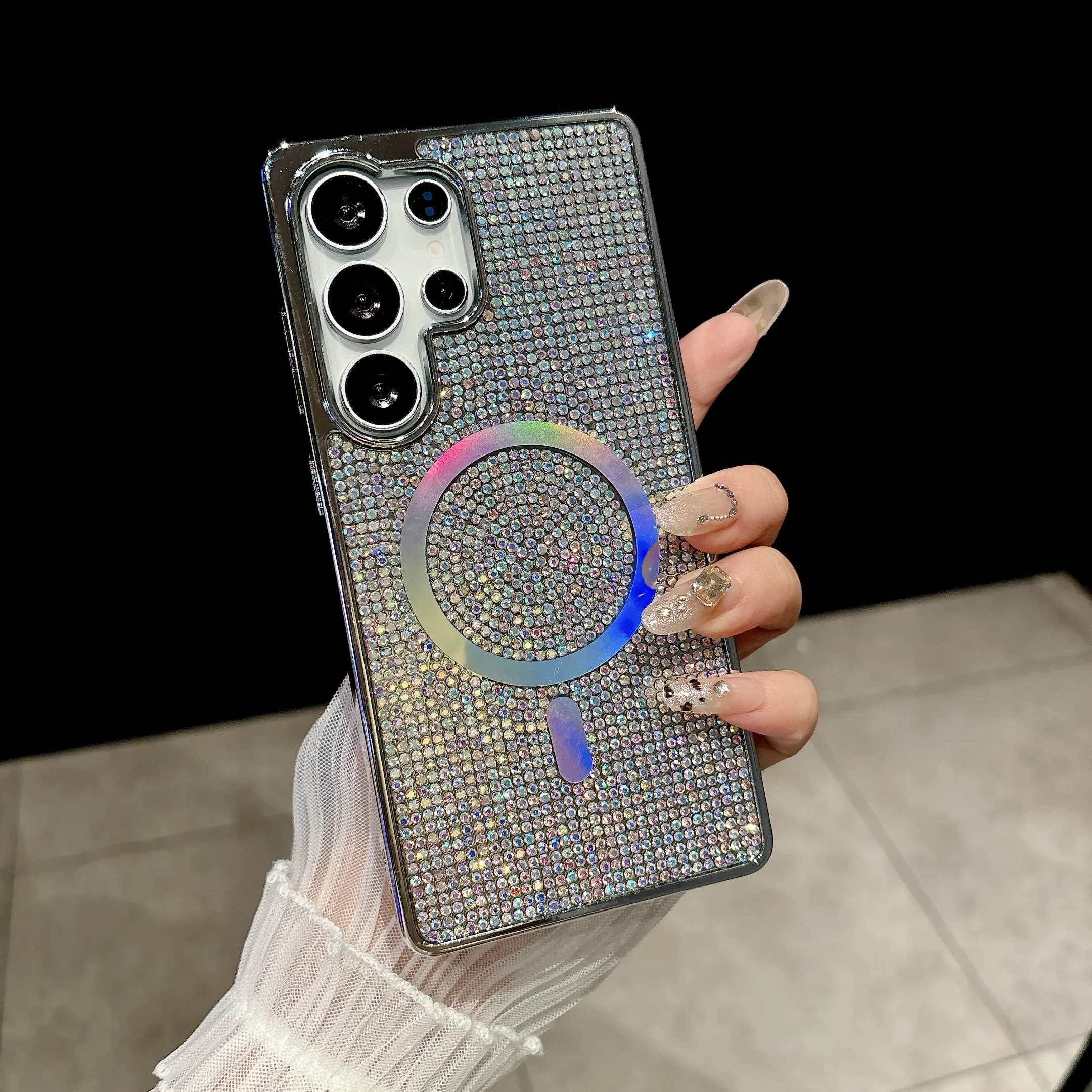 Glitter Diamond Plating TPU+PC Phone Case with Wireless Charging and Magnetic Feature - Girly Cover