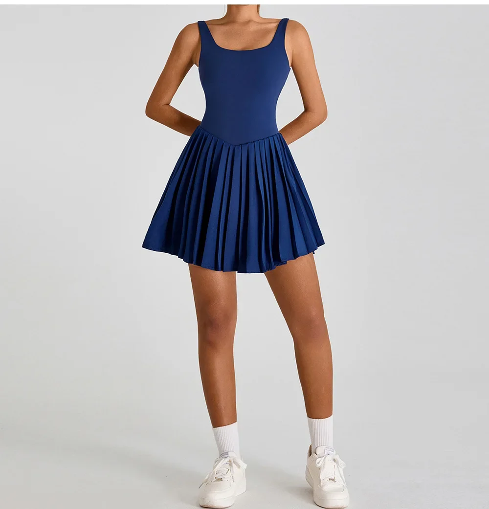 Naked Tennis Dress Hollow Out Backless Women Skirt Jumpsuit Anti Glare Fitness Sports Running Pockets Pleated Skirt Sports Dress