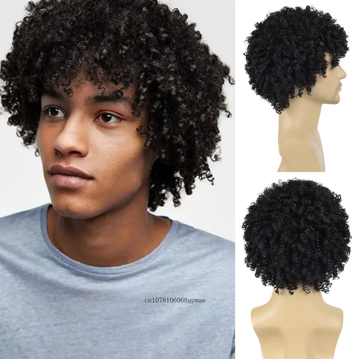 

Natural Black Bouncy Curly Hair Synthetic Wigs for Men Short Kinky Curly Wig with Bangs Afro Wigs Man Cosplay Halloween Party