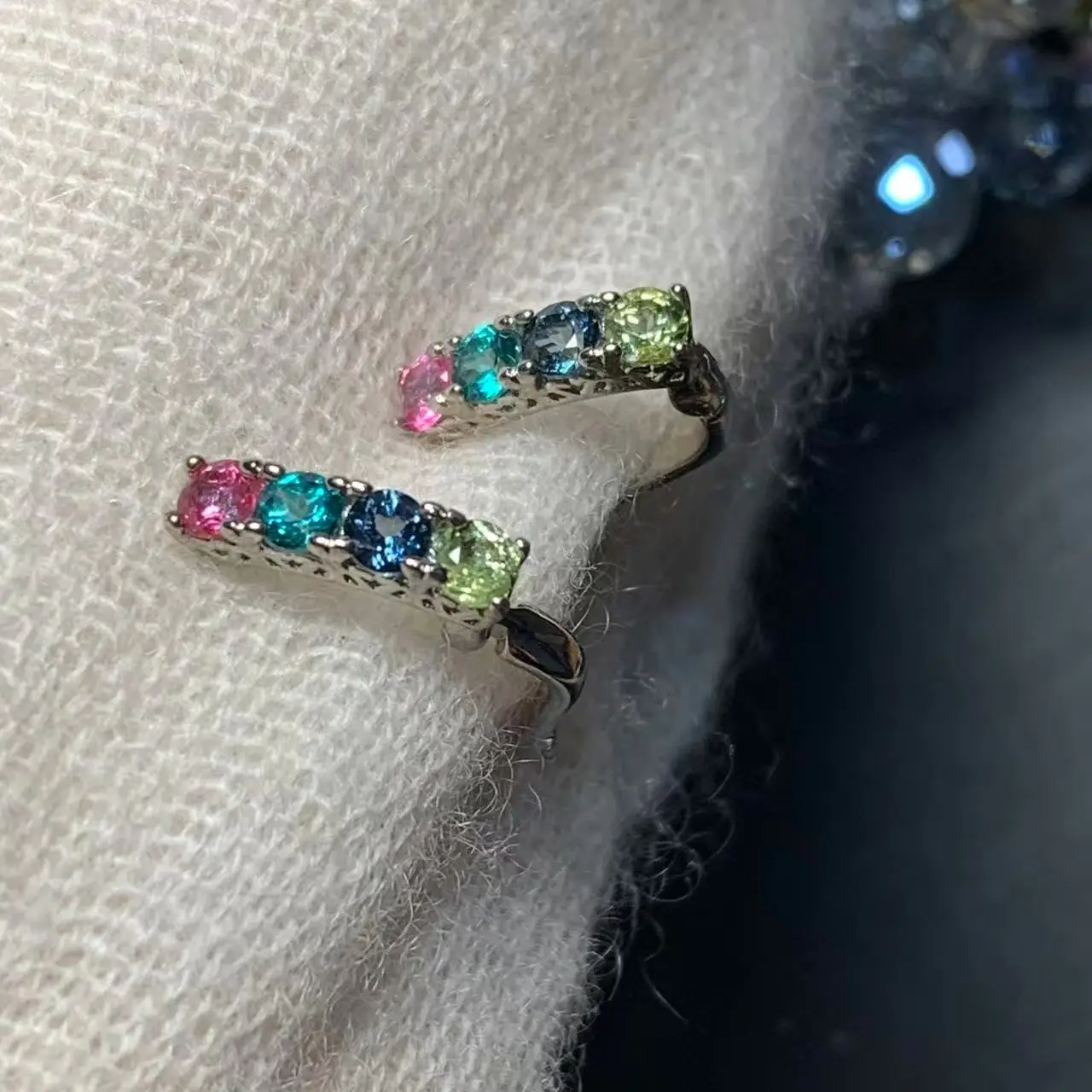 Authentic Natural COLORFUL TOPAZ HOOP Earrings for women Jewelry Gift Prevent allergy gem jewelry Genuine Stone GIFT