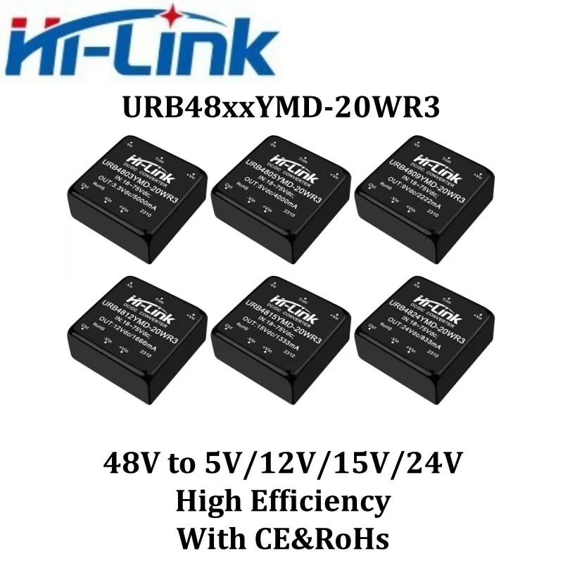 2pcsHi-Link URB4812YMD-20WR3 20W 절연형 DC-DC 전원 모듈 18-75V 초광폭 입력 5V 12V 15V 24V 단일 출력 1500V 절연