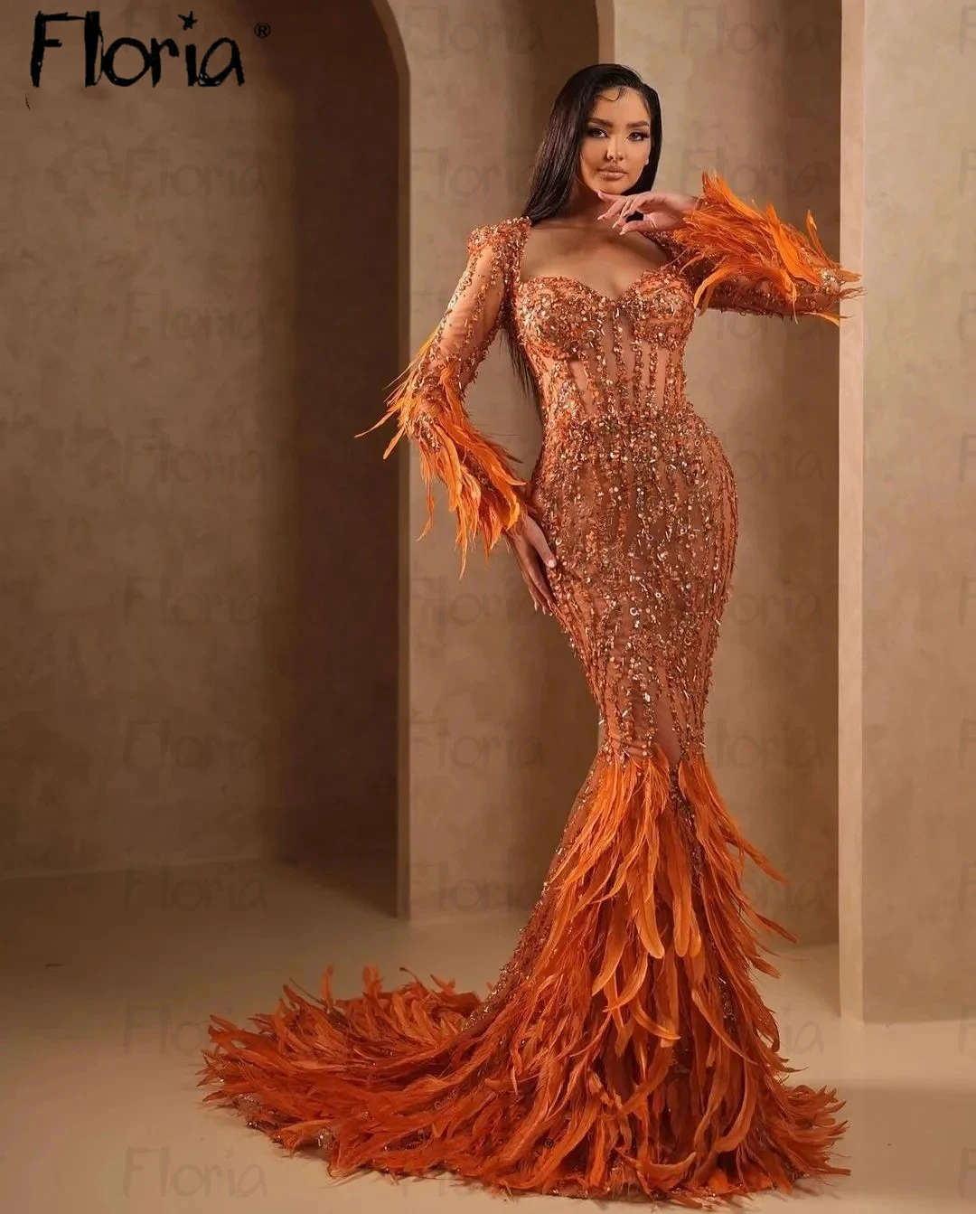 

Роскошные дизайнерские платья Floria с длинным рукавом, оранжевые элегантные официальные платья с юбкой-годе для торжественных случаев, ярко-оранжевого цвета