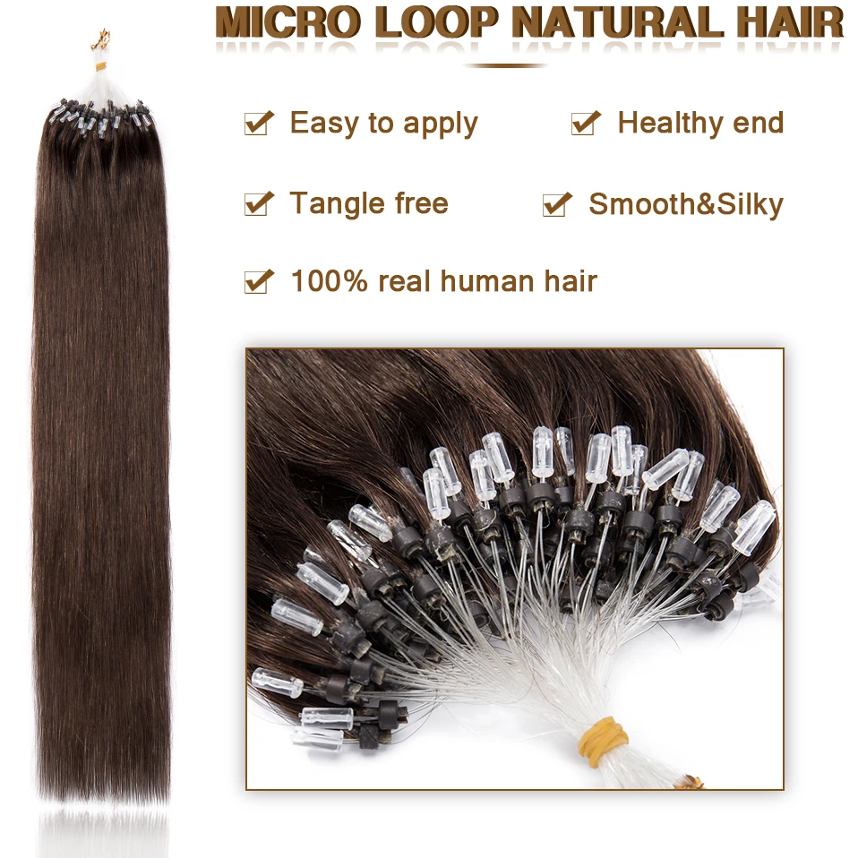 S-noilite 0.5g Micro Loop Hair Extensions Human Hair Microlink Micro Ring 100 Strands/Pack Black Brown Straight Natural