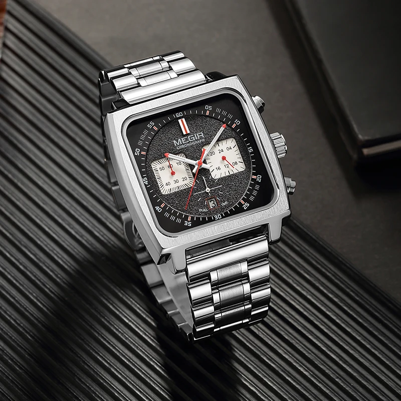 MEGIR New Fashion Square Quartz Mens Watches Top Brand Luxury Stainless Steel Waterproof Chronograph Watch Men Relogio Masculino