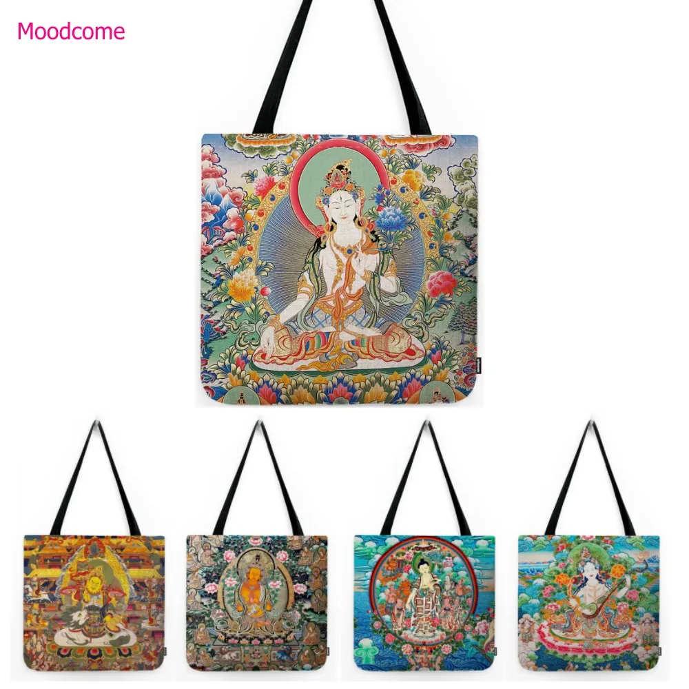 

Buddhism Tibet Tangka Buddhists Worship Bodhisattva Monk Nun Thailand Buddha Culture Art Foldable Linen Tote Bag Shoulder Bag