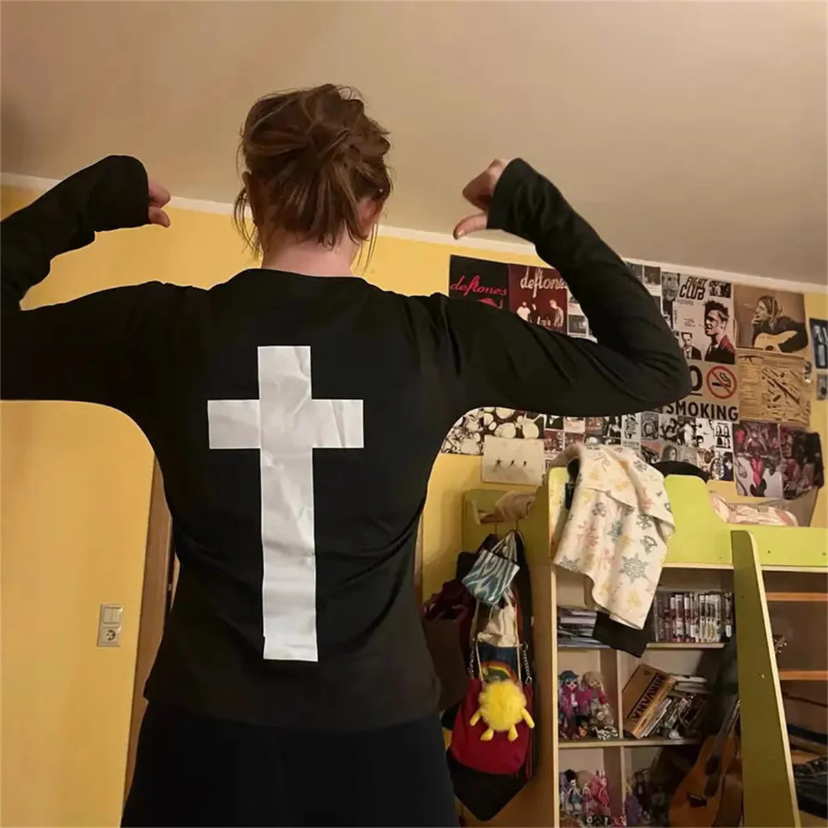 Women's Vintage Harajuku Gothic Hip Hop Emo Girl Casual Long Sleeve Tee Sexy Slim Chic Print Crop Top Grunge Punk Y2K Streetwear