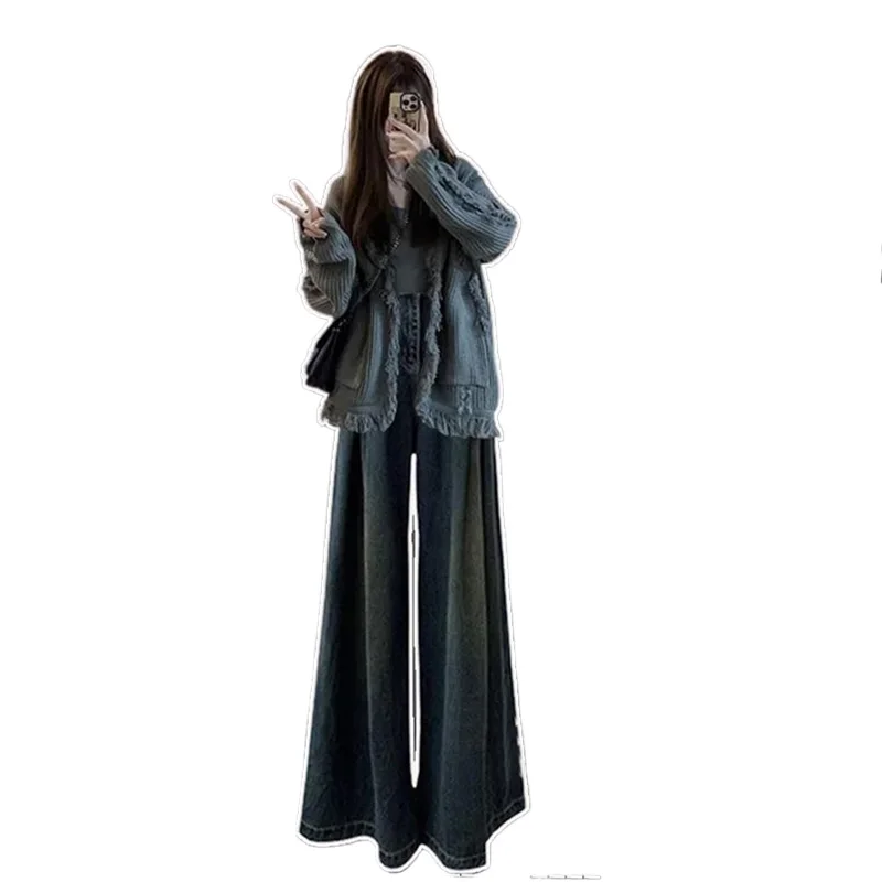 Autumn Gentle Set Women's 2023 New Korean Premium Grey Cardigan Jeans Two Piece Set Winter Clothes Women Two Piece Outfits Pants