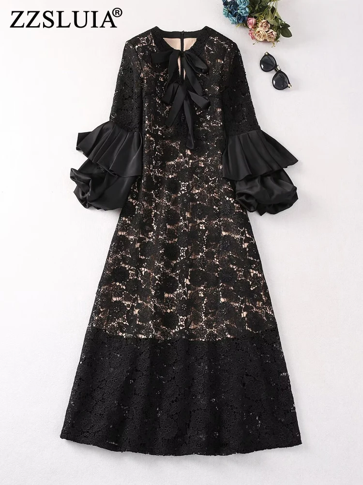 

ZZSLUIA черные Выпускные платья для женщин водорастворимые цветы дизайнерское тонкое длинное платье модные элегантные платья с бантом и рукавами-фонариками