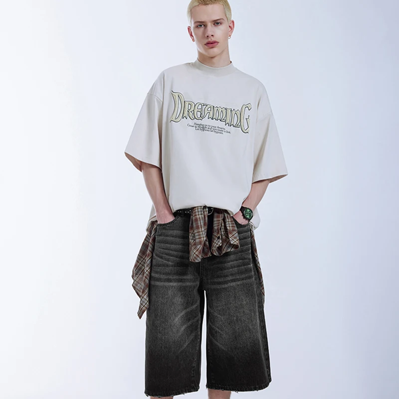 

2024Summer Men Oversize Washed Wide Leg Jeans Fashion Shorts Trendy Casual Loose Cropped Denim Trousers Hip Hop Men's Clothing