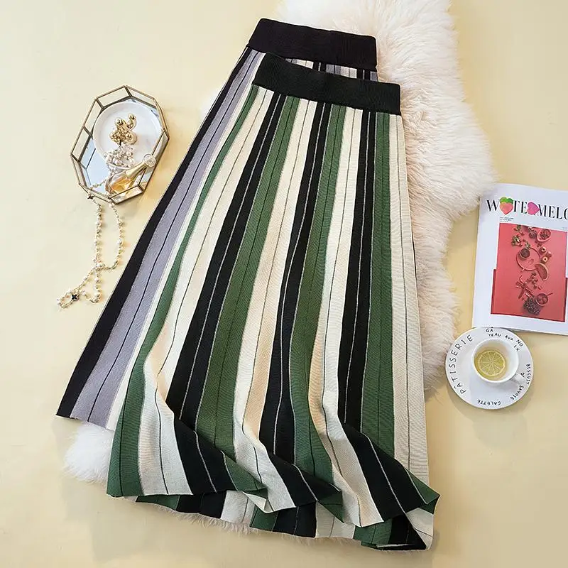 

Green Striped Knitted Long Elegant High-Waisted Women'S Spring Autumn Winter Skirts Korean Style Fashion 2022 Harajuku Clothes