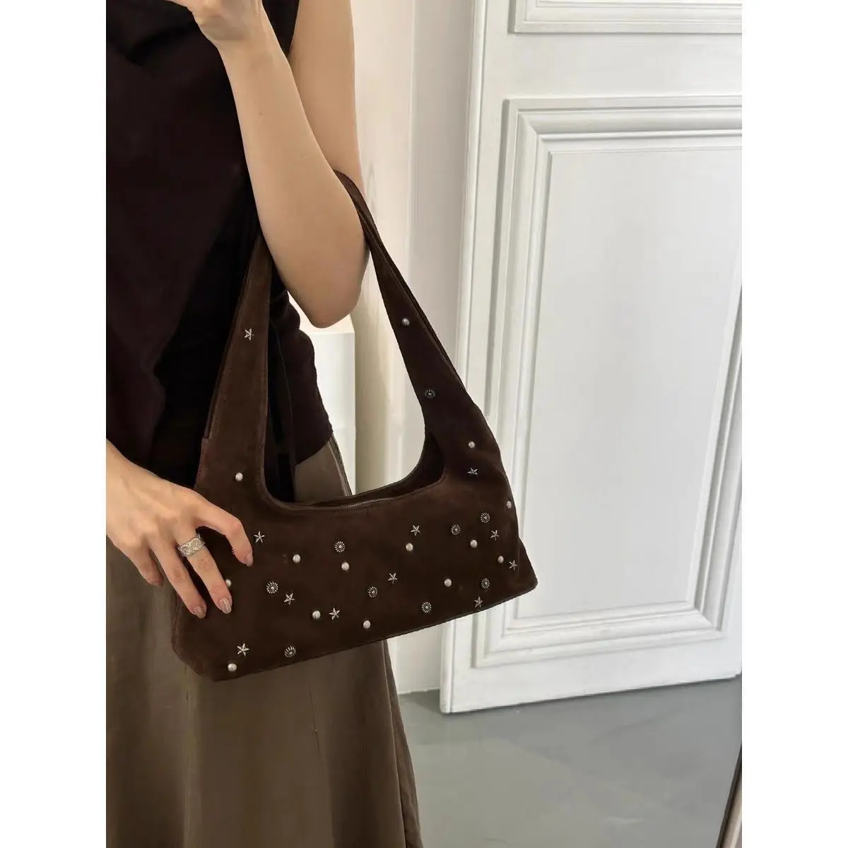 JIAERDI Beading Frosted Underarm Bag Women Retro Versatile Y2k Handbag Female Vintage Hot Girls Coffee Shoulder Bags Aesthetic