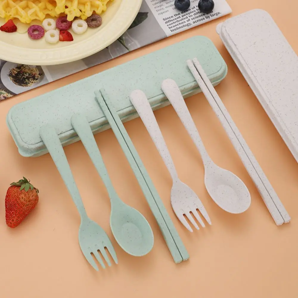 Gift Plastic Cutlery Set Simplicity Portable Spoon With Storage Box Wheat Straw Tableware