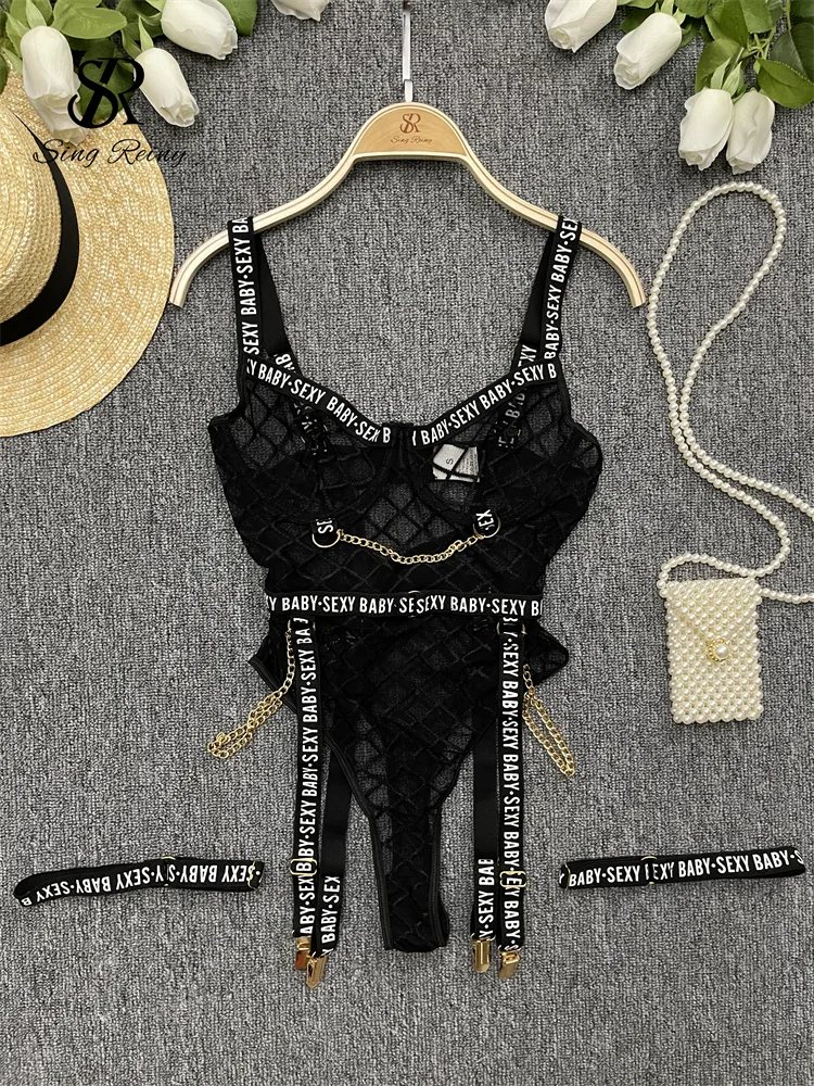 SINGREINY Letter Print Sheer Plaid Bodysuits Strap Hollow Out Backless  Sensual Rompers Streetwear Chain Lingerie Sexy Playsuits - AliExpress