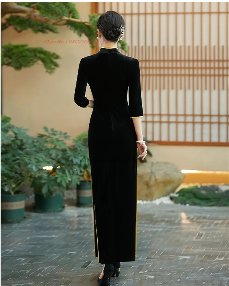chinese improved dress traditional qipao dress national dragon embroidery velvet qipao oriental banquet evening