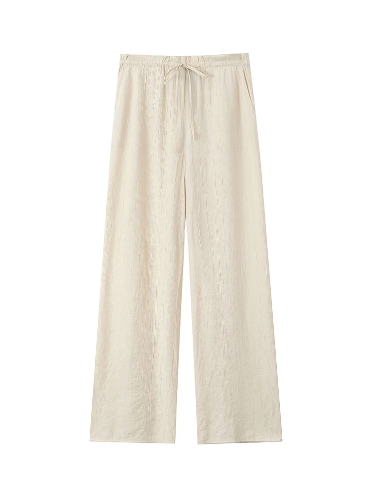 Willshela Women Fashion Solid Texture Drawstring Straight Pants Vintage High Elastic Waist Full Length Female Chic Lady Trousers