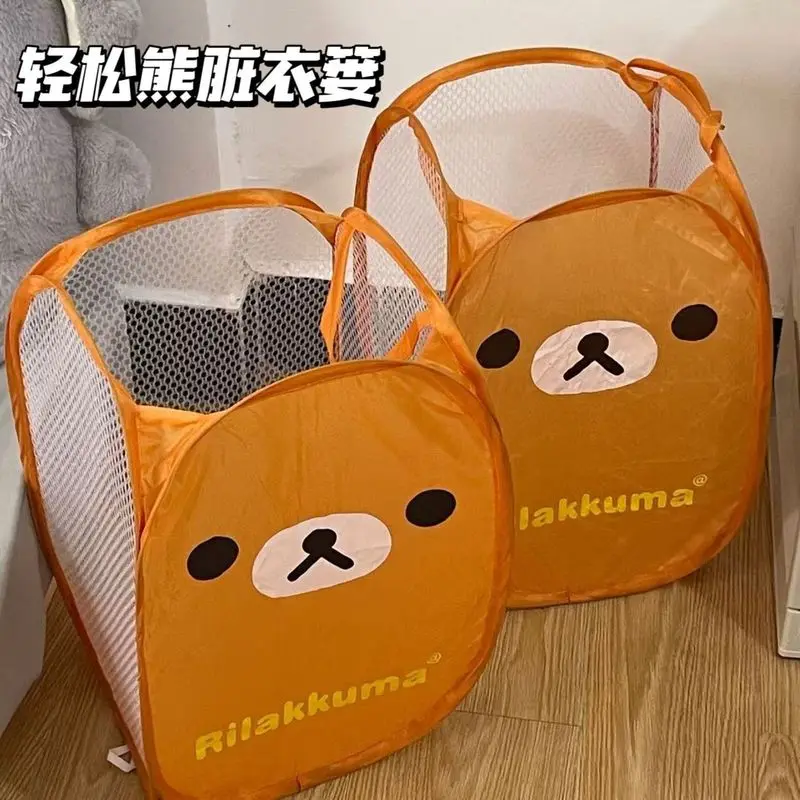 New Cartoon Rilakkuma Mesh Folding Large Capacity Laundry Basket Cute Portable Storage Frame Dormitory Household Laundry Basket