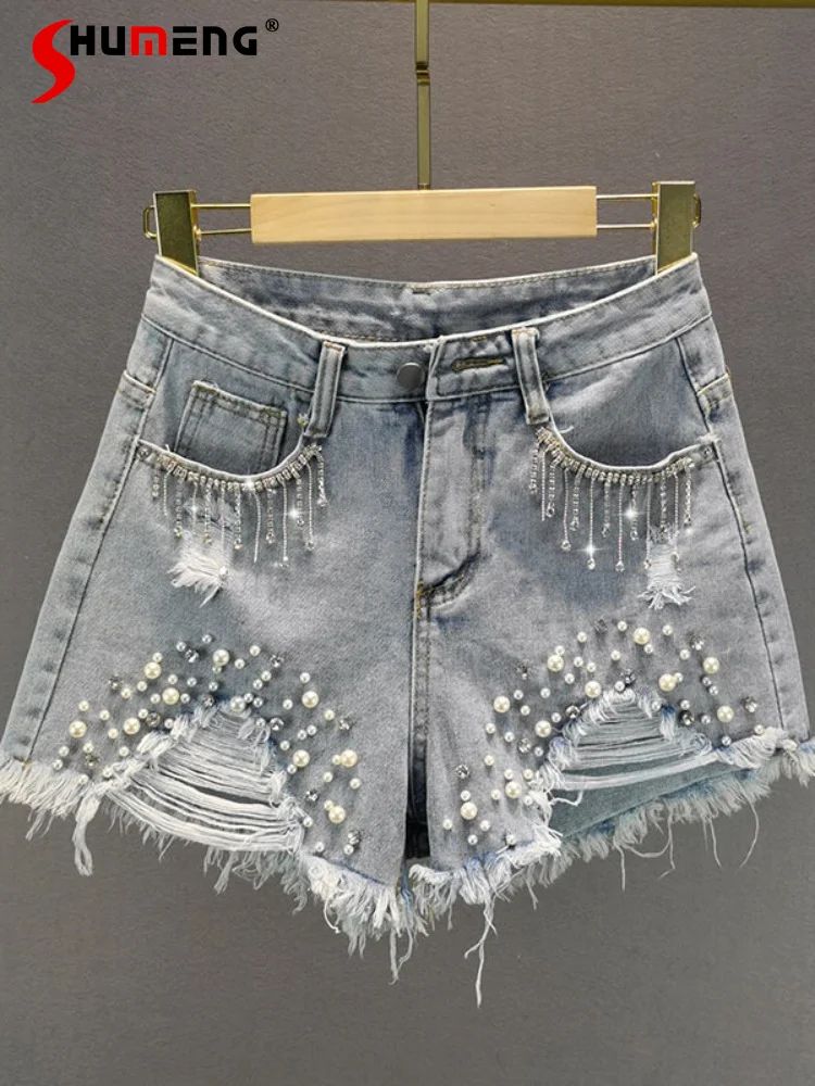 

Woman's Ripped Jean Shorts 2023 Summer New Streetwear Women High Waist Slim Denim Beaded Rhinestone Fringed Wide-Leg Hot Pants