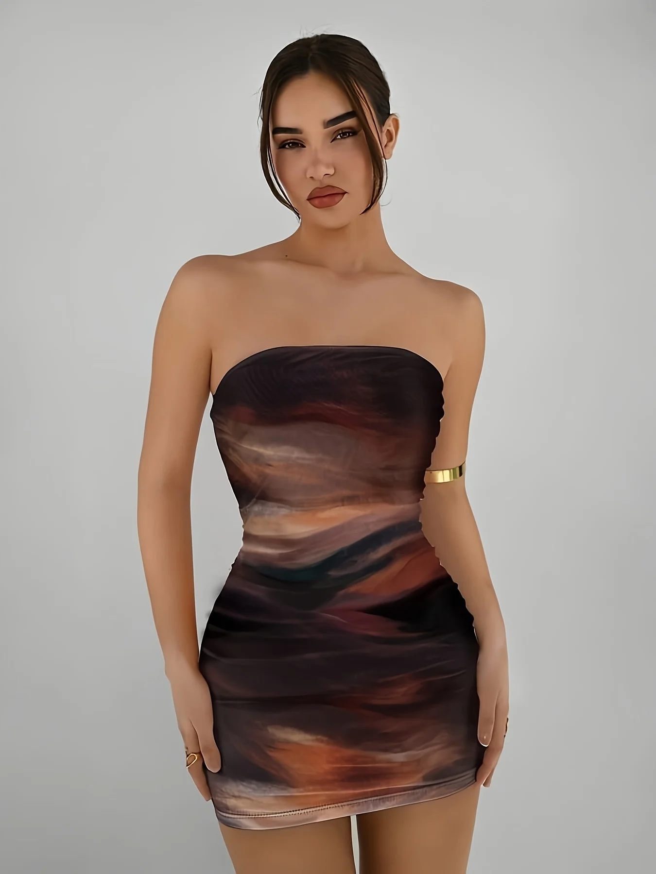 Robe Mini Élégante Femme en Maille Imprimée Dégradée, Nouveau Style Printemps-Été, pour Fête et Vacances, Sexy, Sans Bretelles, Coupe Ajustée
