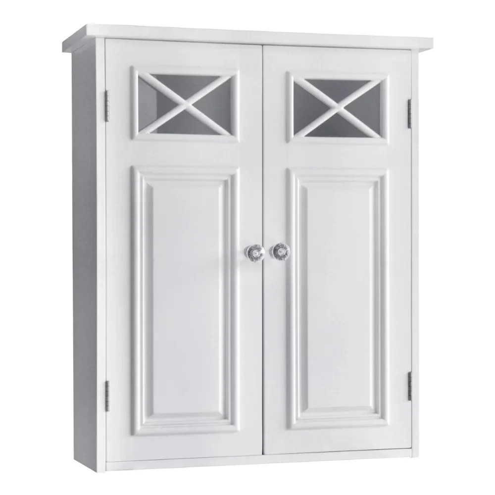 

Wooden Wall Cabinet with Cross Molding and 2 Doors, White