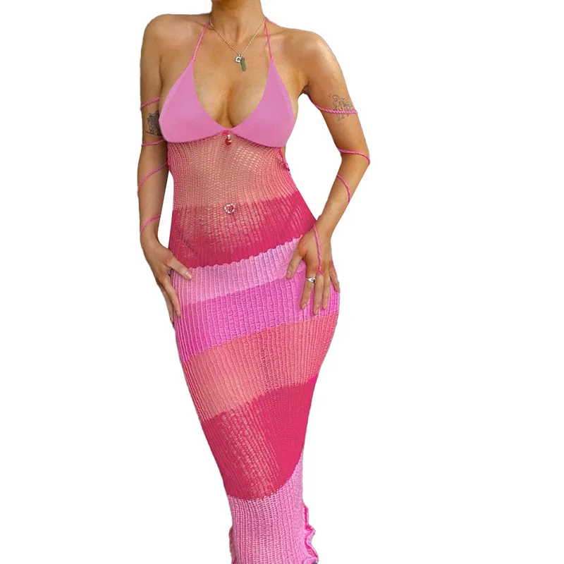 

Женское сексуальное Сетчатое лоскутное платье, халтер с открытой спиной, шнуровка, розовые платья-Макси, элегантное, шикарное, пляжное платье, лето