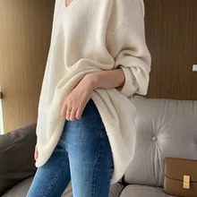Cashmere sweater women's medium length Pullover V-neck loose thickened sweater 22 autumn winter new