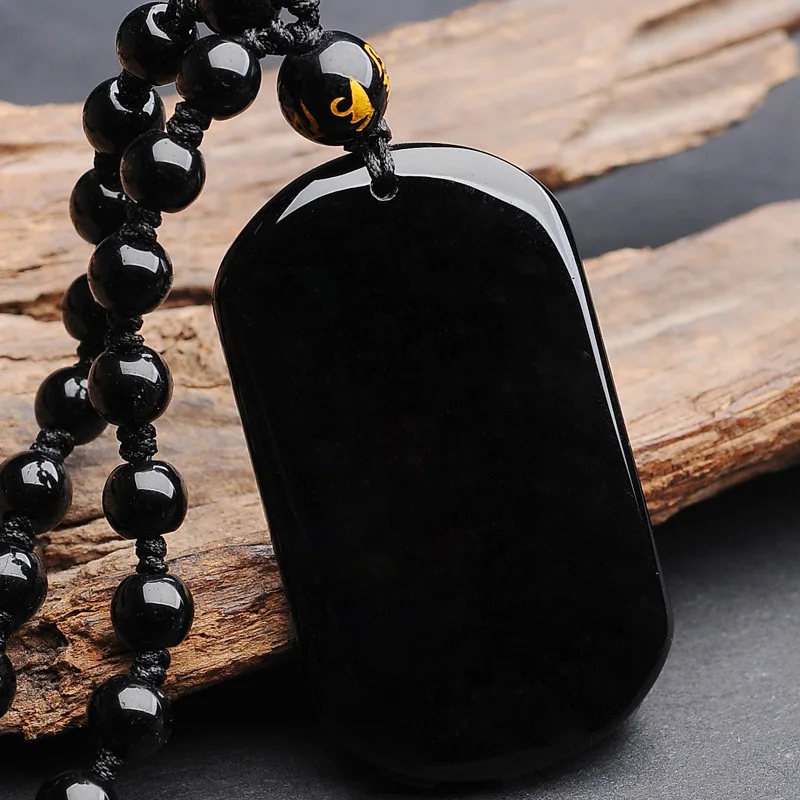 

Charming Natural Black Obsidian Carved Chinese Safety Buckle Smoothly Amulet Lucky Pendant + Beads Necklace Fashion Jewelry