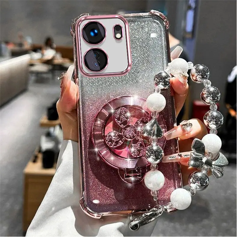 Gradient Glitter Phone Case with Hand Strap and Electroplated Finish