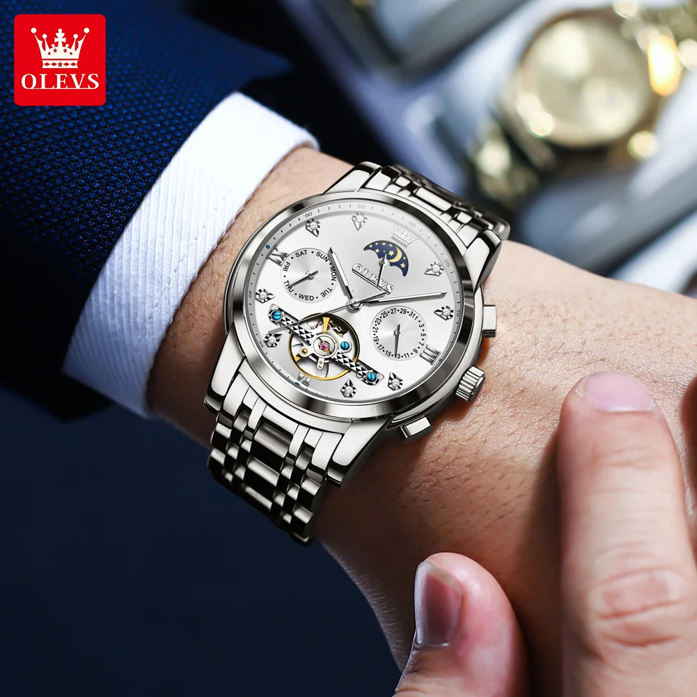 OLEVS 6678 Original Automatic Watch for Men Stainless Steel Waterproof Luminous Calendar Moon Phase Hollow Mechanical Man Watch