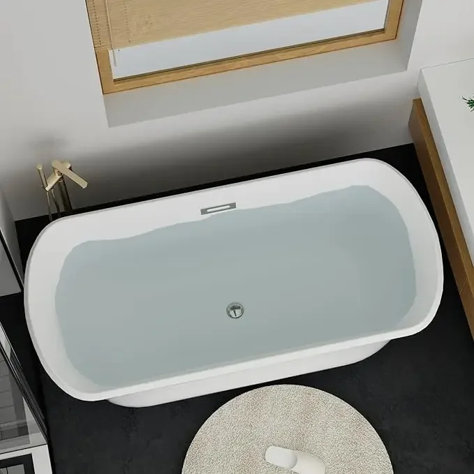 67" Acrylic Freestanding Bathtub, Deep Contemporary Soaking Tub With Chrome Overflow and Pop Up Drain, Oval Shape Bathtub, White 4