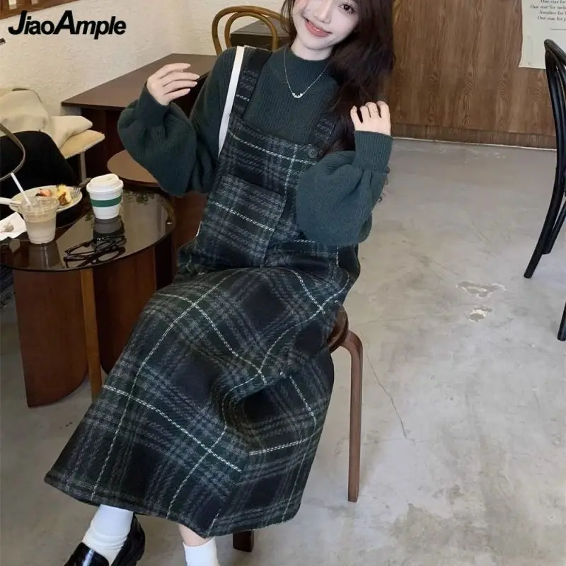 Women Autumn Winter Sweater Plaid Overalls Dress Two Pieces Set 2023 New Korean Lady Chic Green Knit Tops Tank Dresses Outfits