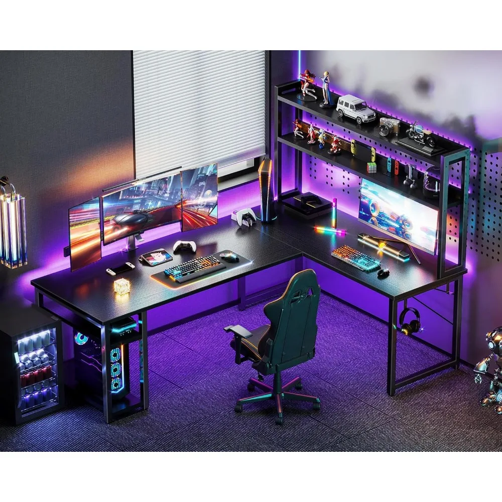 L Shaped Gaming Desk with Hutch, Computer Desk with Storage Shelves, 66" L Shaped Desk for Home Office, Corner Desk with Headph 2