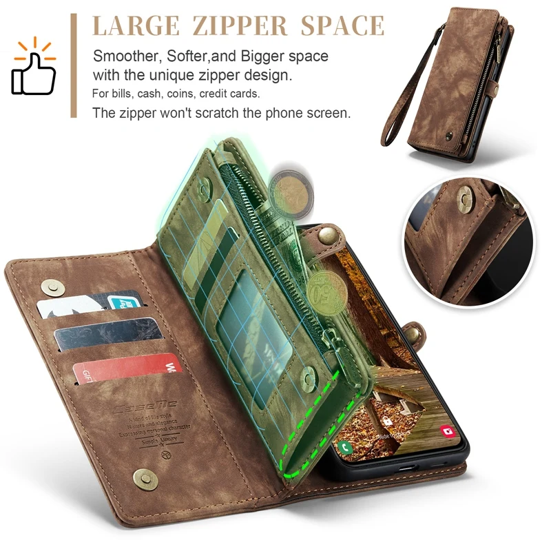 2 in 1 Magnetic Wallet Case for Samsung Galaxy S23 S22 S21 S20 A13 A14 A33 A34 A53 A52 A54 Support Wireless Charging Zipper Bag