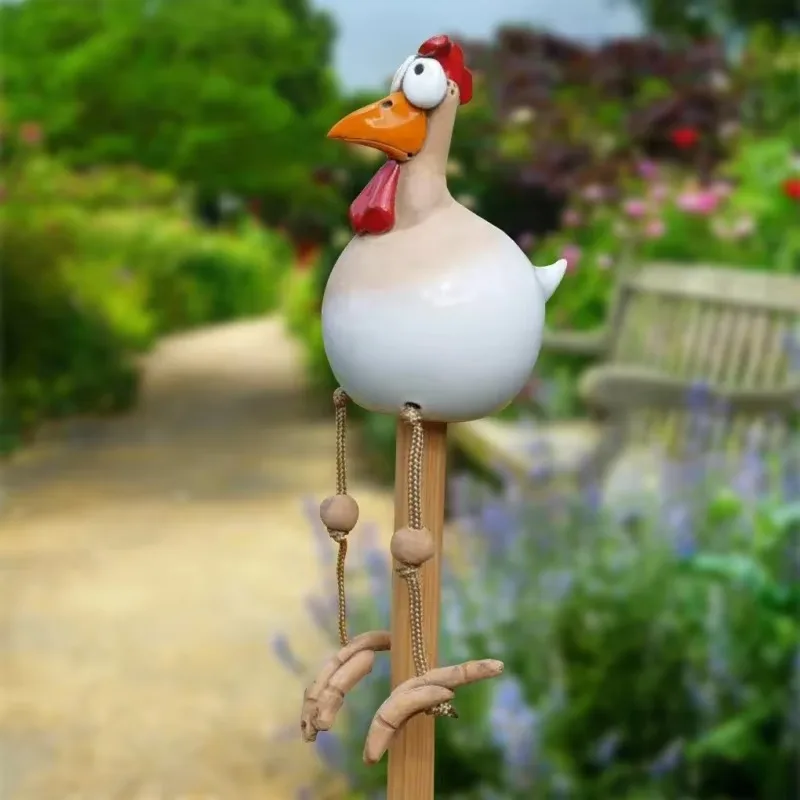 Wooden Stake Decoration Resin Crafts Funny Big Eyed Chicken Statue Long Foot Hen Sculptures Garden Fence Art Supplies