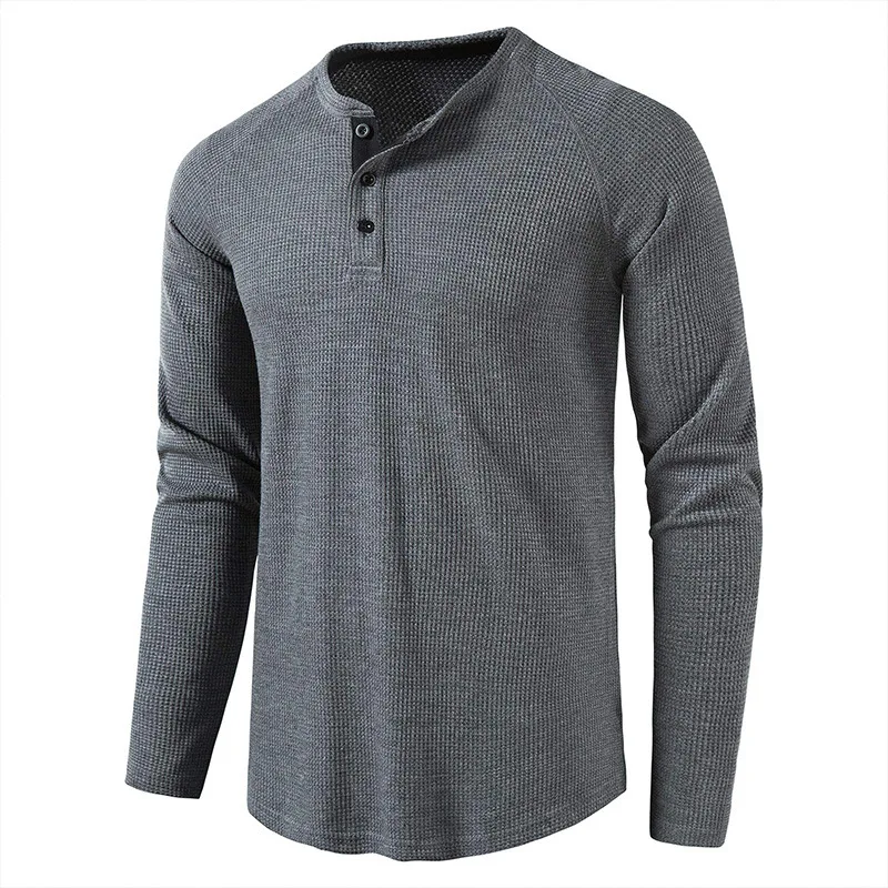 

DUYIT Casual All-Match Henley Collar Long-Sleeved t-Shirt Men's Spring/Autumn New Solid Color Simple Waffle Top