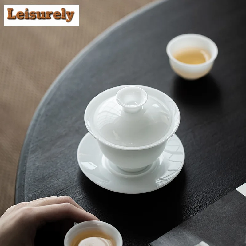 140ml Iced Jade Porcelain Gaiwan Linglong Three Talent Tea Tureen Japanese Tea Making Cover Bowl for Tea Supplies Collection