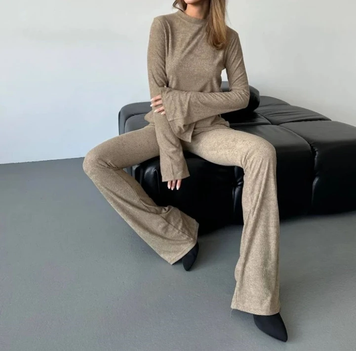 Fashion 2 Pieces Set for Women 2024 Knit Long Flare Sleeve Round Neck Top and High Waist Wide Leg Trousers Women's Pants Suit